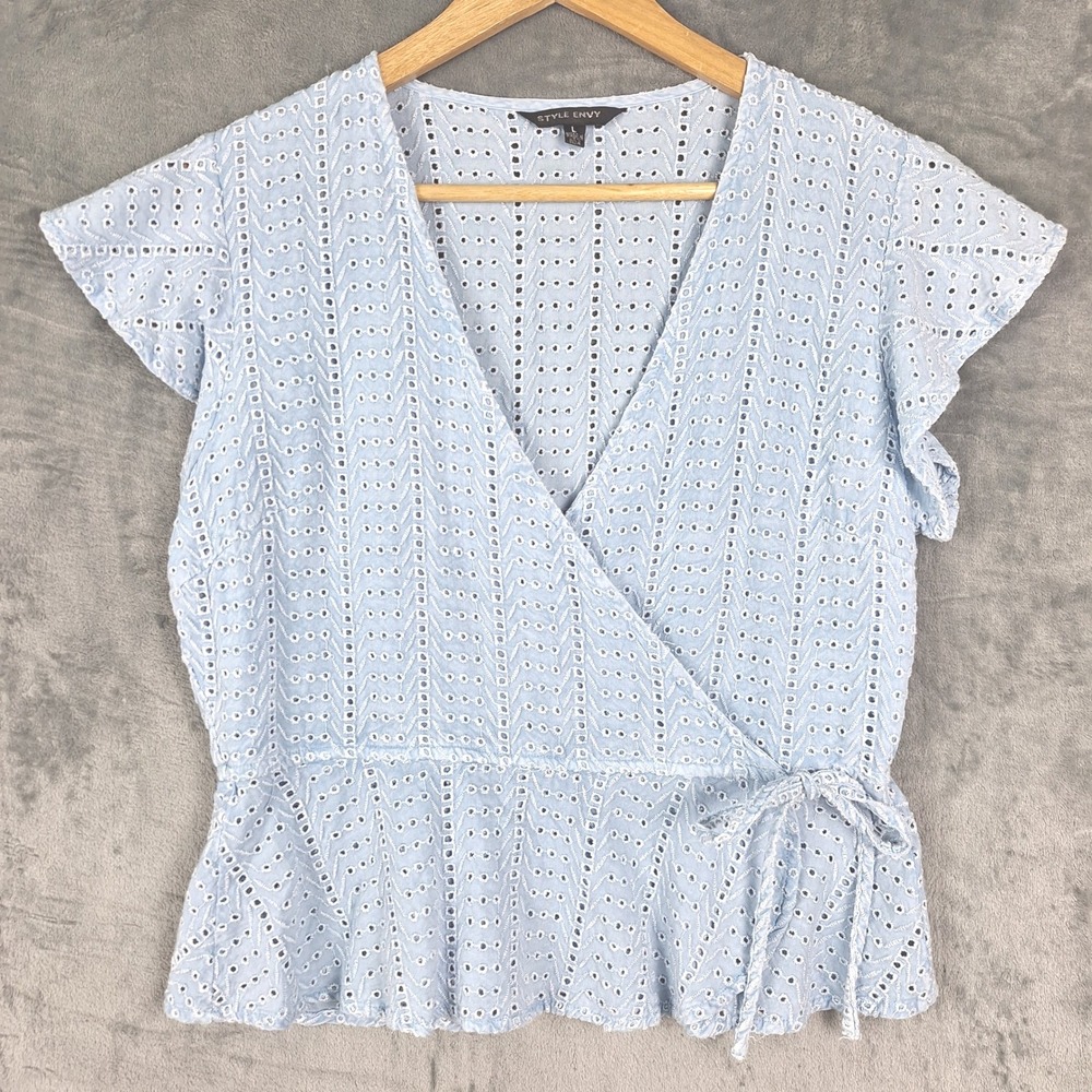 Style Envy Light Blue Eyelet Wrap Blouse